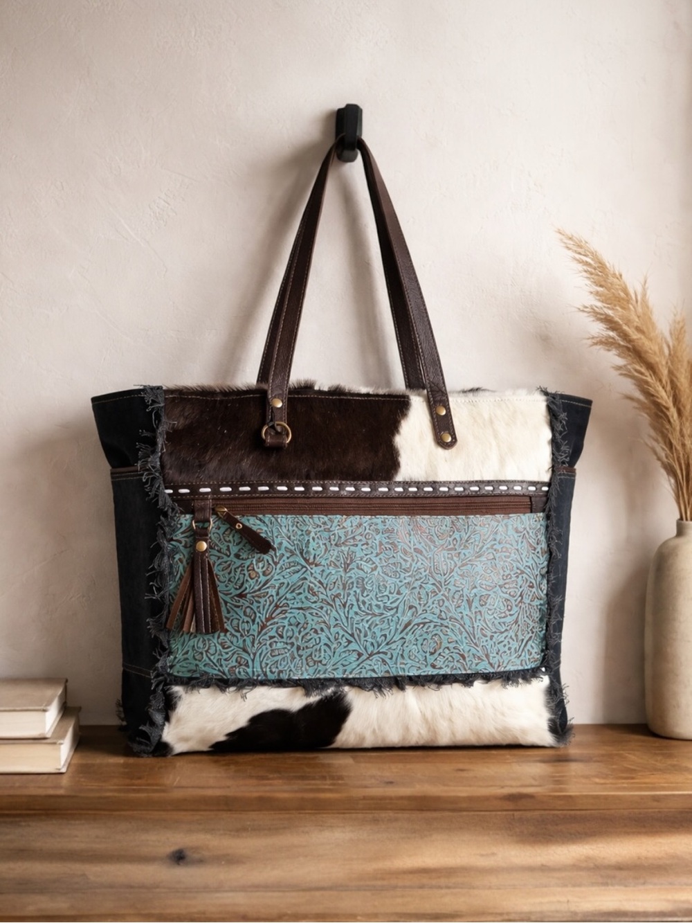 Myra Sea Grass Cowhide Weekender Bag XL Travel Duffel Western Boho Leather Tote